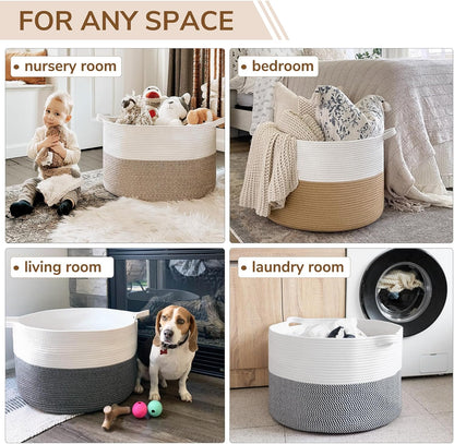 INDRESSME XXXLarge Blanket Basket for Living Room 21.7" x 21.7" x 13.8"-Storage Basket with Handle for Organizing Toy Pillows Woven Cotton Rope Laundry Basket Stuffed Animal Toy Storage for Play Room