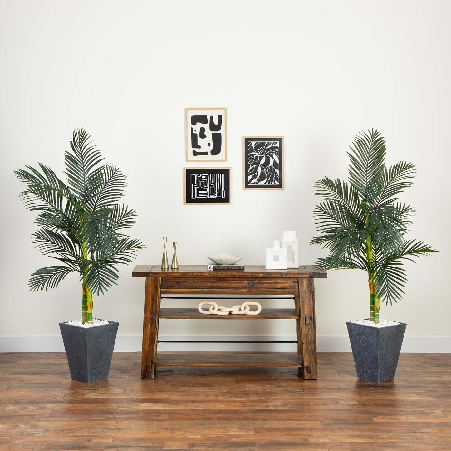 Nearly Natural 6.5ft Artificial Golden Cane Palm Tree, Lifelike Silk Indoor Palm With Three Textured Trunks Flexible Fronds Nursery Planter, Low Maintenance
