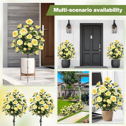 Lunmon 2 Pack 3ft Artificial Camellia Plants Tree 36" Faux Camellia Flower with Spike UV Resistant Realistic Fake Floral Blooming Bush for Indoor Outdoor Front Door Porch Backyard Garden, Purple