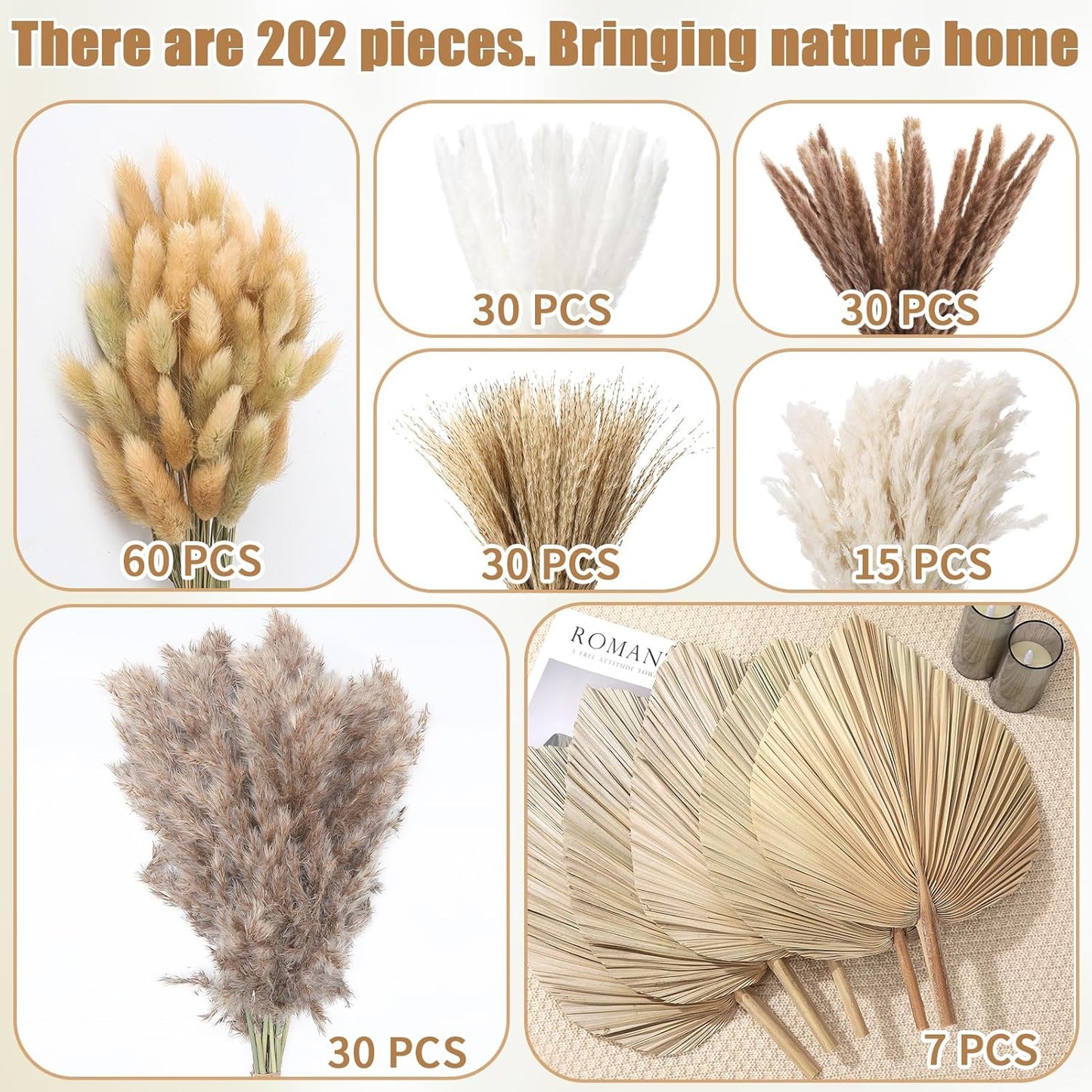 105 Pcs Boho Dried Pampas Grass Decor Bulk, Large Dried Palm Spears Bunny Tails Pampas Reed Grass Dried Palm Leaves Dried Flower Bouquet Boho Centerpieces for Wedding Home Tables Decor