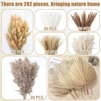 105 Pcs Boho Dried Pampas Grass Decor Bulk, Large Dried Palm Spears Bunny Tails Pampas Reed Grass Dried Palm Leaves Dried Flower Bouquet Boho Centerpieces for Wedding Home Tables Decor