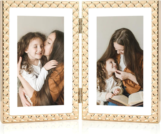 RICHFOCUS Gold 5x7 Floating Picture Frame for Photo 4x6 3.5x5 | 5 x 7 Metal Picture Frames with Double Glass for Tabletop|Modern Photo Frames Wedding|Home Decor
