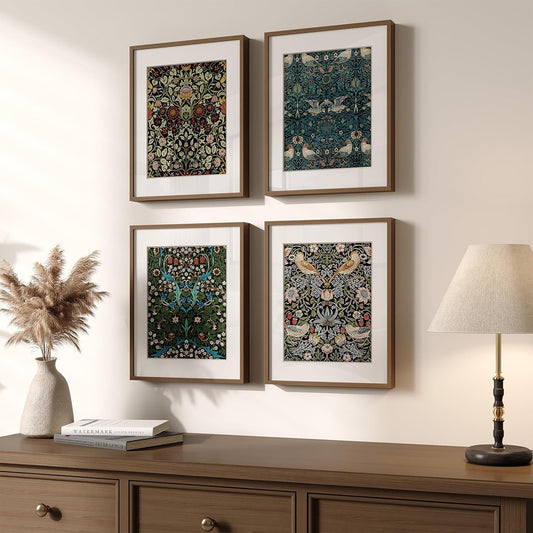 Framed William Morris Wall Art Set of 4, Vintage Botanical Floral Fruit Pattern Canvas Prints Artwork for Walls, Retro Natural Square Picture for Living Rooms Dining Room Hallway Wall Decor, 12x12 In - Colors A