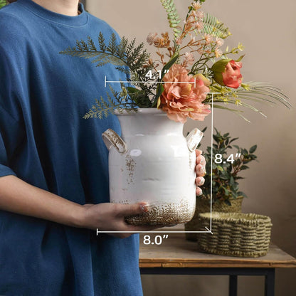 Quoowiit Ceramic Rustic Farmhouse Vase, Distressed Decorative Flower Vases for Home Decor, Ideal Shelf Decor, Green Boho Vase for Living Room Bedroom Kitchen Office Centerpiece Table Decorations