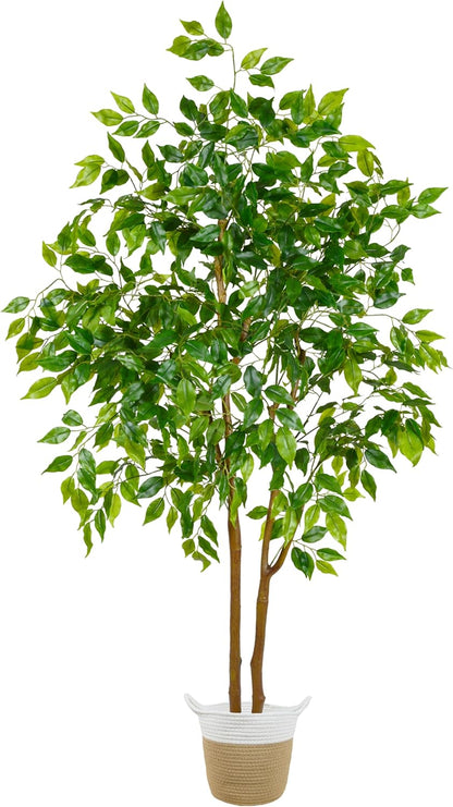 Warmplants Artificial Ficus Tree, 7ft Silk Fake Ficus Leaves Plant with Basket, Indoor Outdoor Faux Green Tree for Home Garden Office House Livingroom Décor