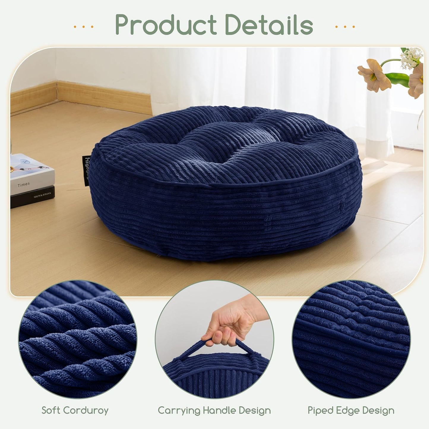 HIGOGOGO 6" Extra Thick Floor Pillow Cushion for Adults, Meditation Cushion Pillow, Large Square Floor Sitting, Tufted Corduroy Cover, for Tatami Living Room or Yoga, 22x22 Inch, 2Pack, Dark Grey