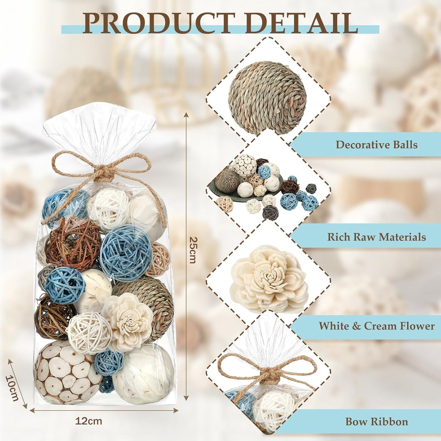 Riceshoot 2 Pack Decorative Balls Potpourri Bowl Filler Decor Natural Vase Bowl Filler Assorted Spherical Rattan Twigs Wicker Balls Cotton for Home Centerpiece(White)