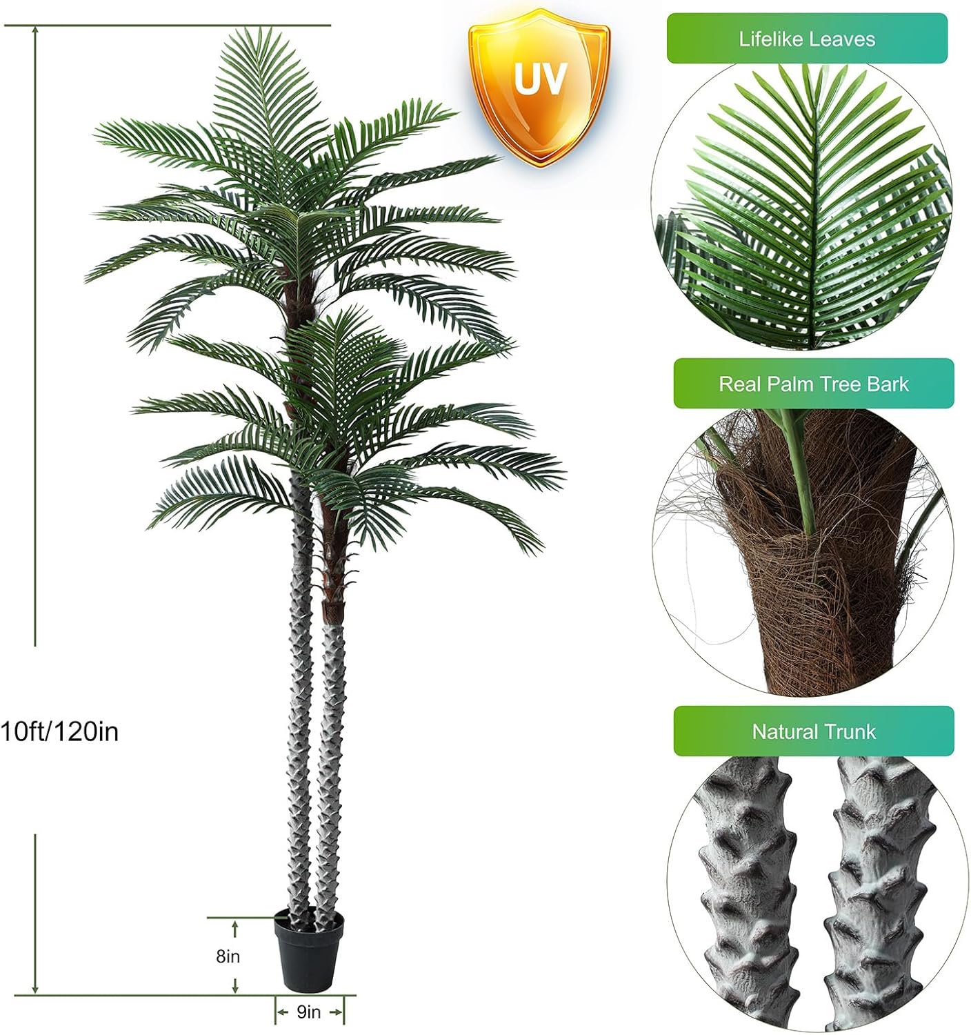 Nafresh 8ft Tall UV Resistant Faux Palm Tree, 96in Artificial Palm Tree Indoor Outdoor, Fake Tree with Real Bark and Realistic Leaves and for Home House Office Living Room Yard Patio.