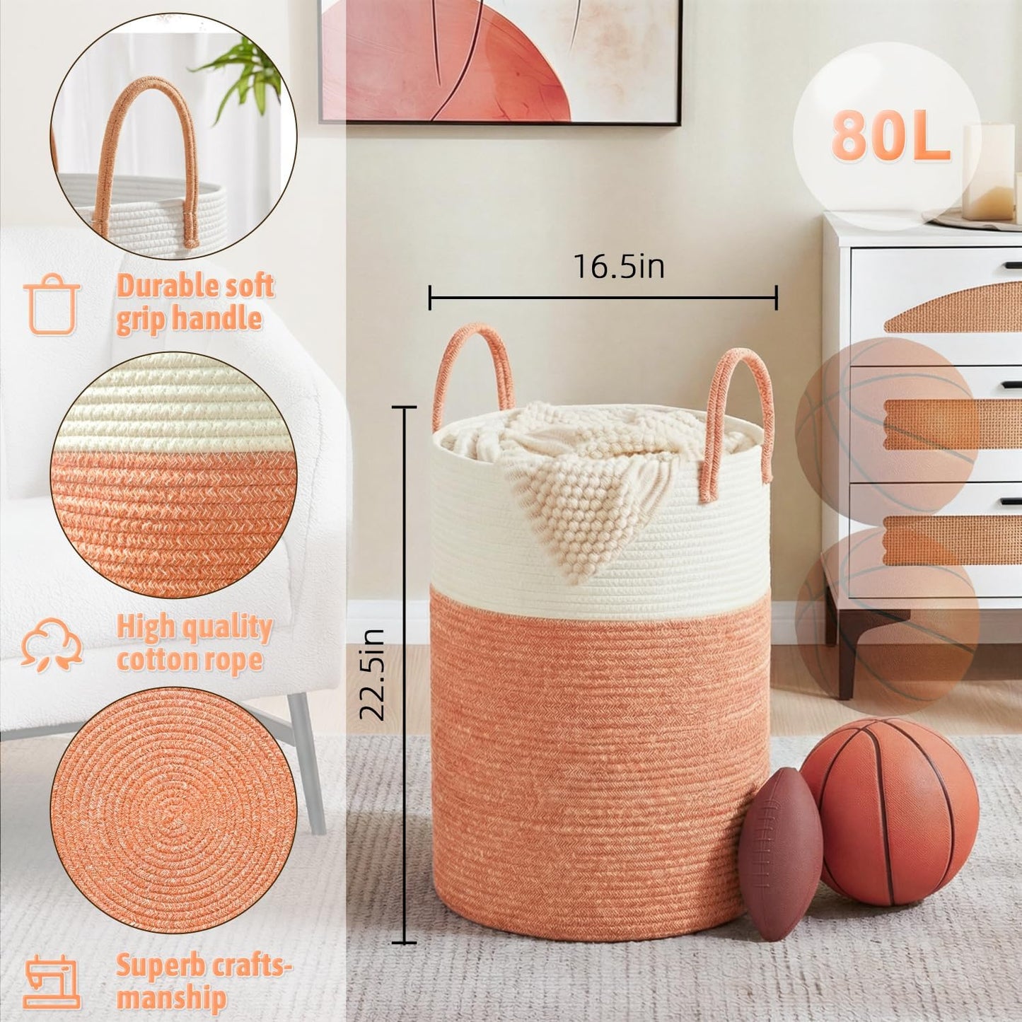 Artfeel Laundry Basket,Woven Cotton Rope Laundry Hamper,60L for Decor Storage of Dirty Clothes,Toys and Blankets in Bathroom,Baby Room and Living Room