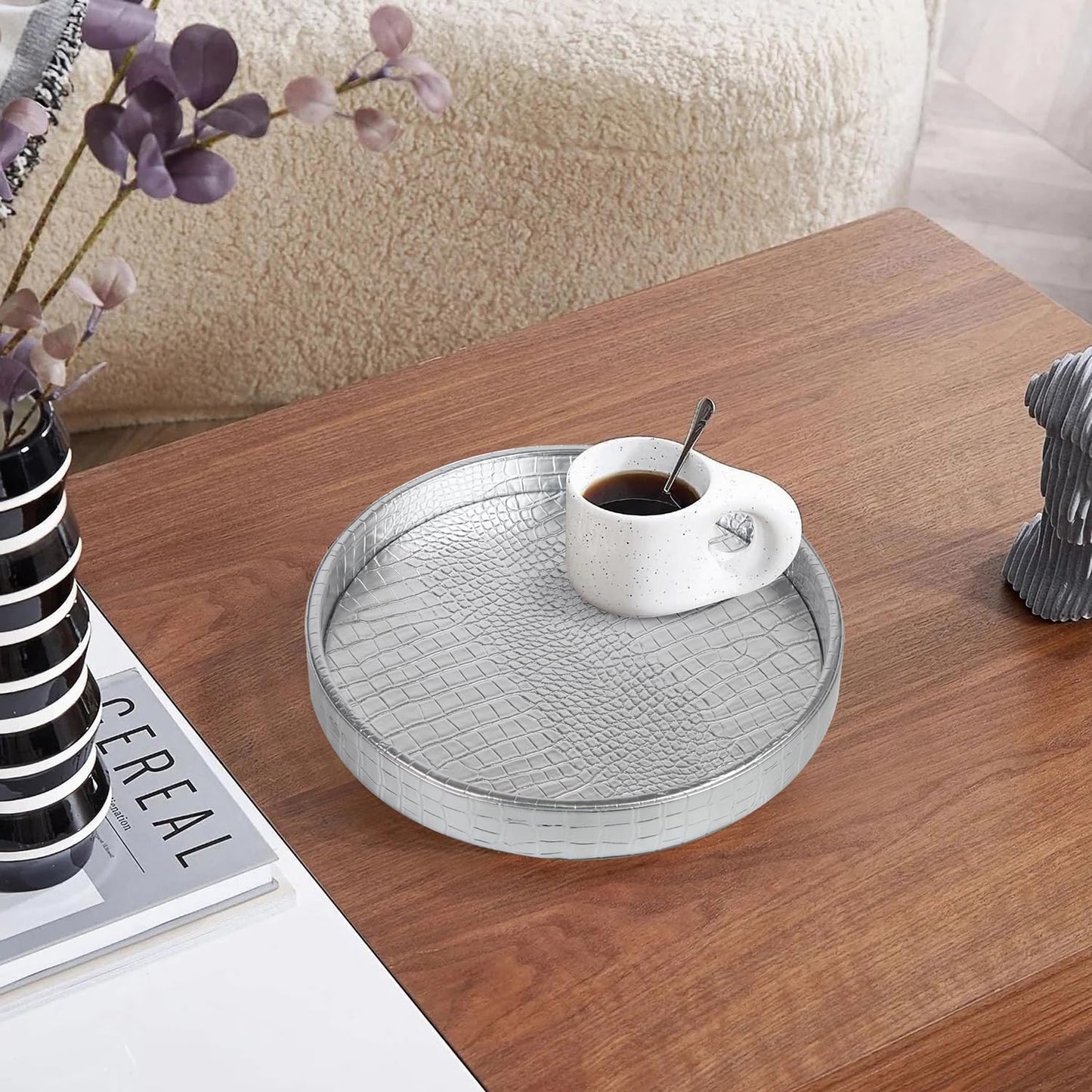 HofferRuffer Round Serving Tray 20'', Elegant Faux Leather Circle Ottoman Table Tray, Serve Tea Coffee Breakfast in Bedroom Living Room Kitchen (Brown)