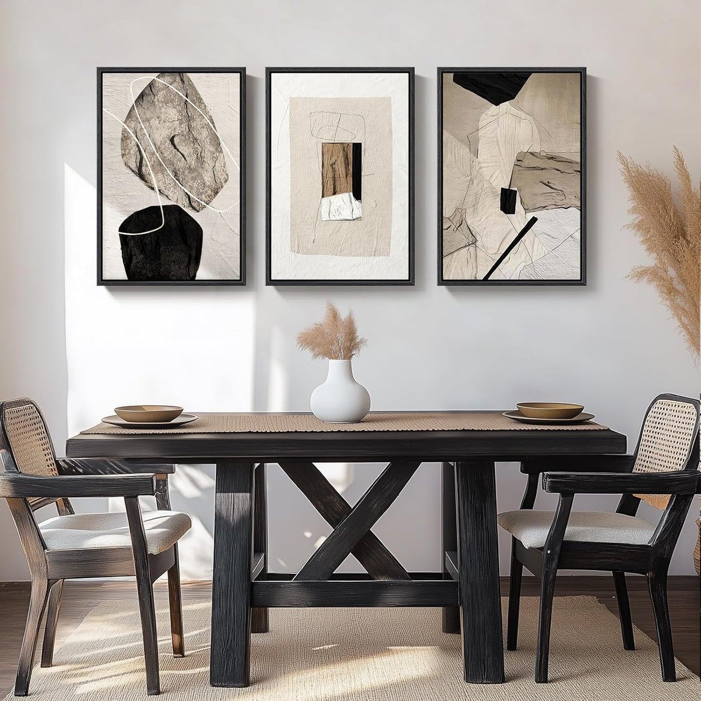 Large Framed Neutral Abstract Wall Art for Living Room, 3 Piece Modern Canvas Prints Paintings Artwork for Walls, Black and Beige Pictures for Living Room Hallway Stair Office Wall Decor 24x36 Inch