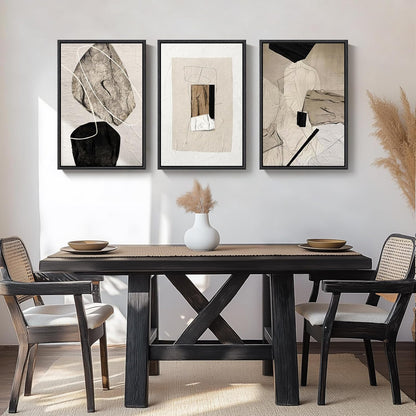 Large Framed Neutral Abstract Wall Art for Living Room, 3 Piece Modern Canvas Prints Paintings Artwork for Walls, Black and Beige Pictures for Living Room Hallway Stair Office Wall Decor 24x36 Inch