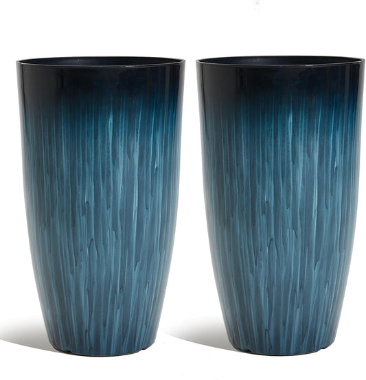 Worth Garden 23.5" Tall Plastic Planters Set of 2 with Drainage Holes, Gradient Blue Glossy Finish, Large Lightweight Round Plant Pots for Indoor Outdoor Use, Decorative Flower Pots for Front Porch