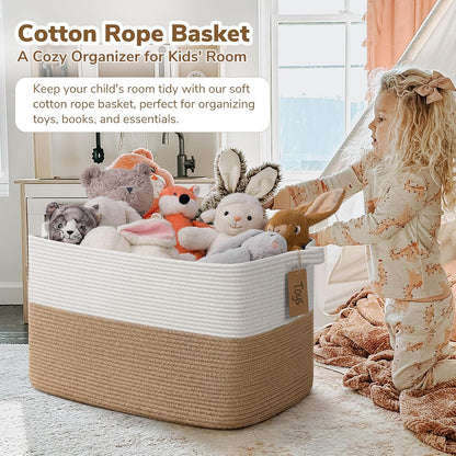 Goodpick Woven Storage Basket, Cotton Rope Basket for Dog Toys, Books, Stylish Gift Basket with Handles, 13 x 10 x 9 Inches Square Baskets for Organizing, Brown and White