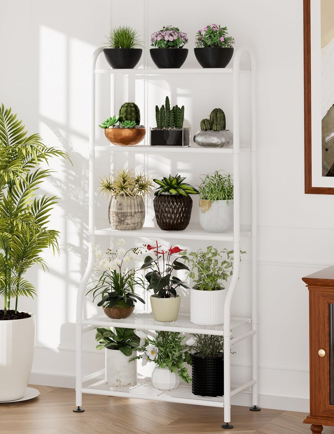 5-Tier Metal Plant Stand - Heavy Duty Indoor Outdoor Flower Shelf for Multiple Pots, 65" Tall Vertical Holder with Adjustable Leveling Feet & Wall-Fixing Kits, Black