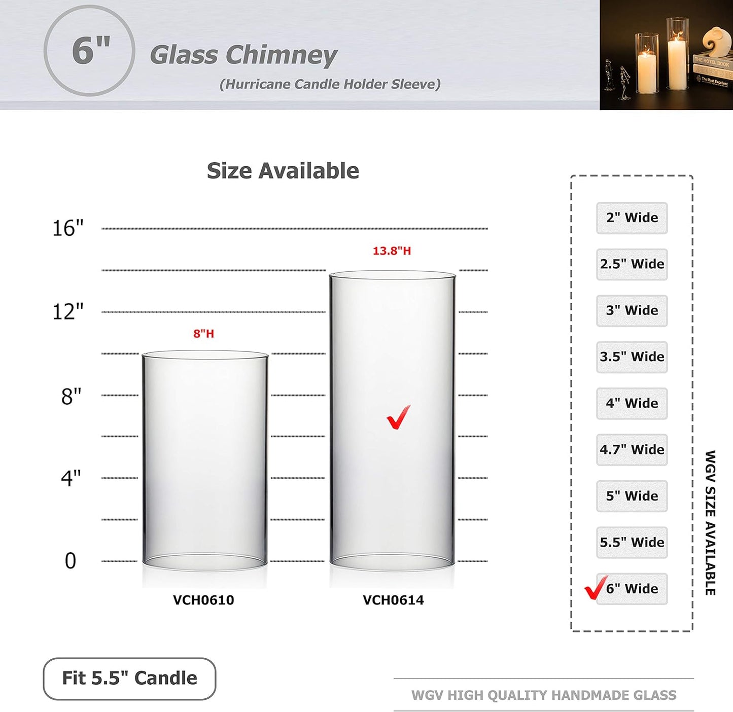WGVI Hurricane Candle Holder Sleeve, Wide 4", Height 8", Clear Glass Cylinder Candleholder, Chimney Tube, Open Ended Candle Shade, 1 Piece - Colors B