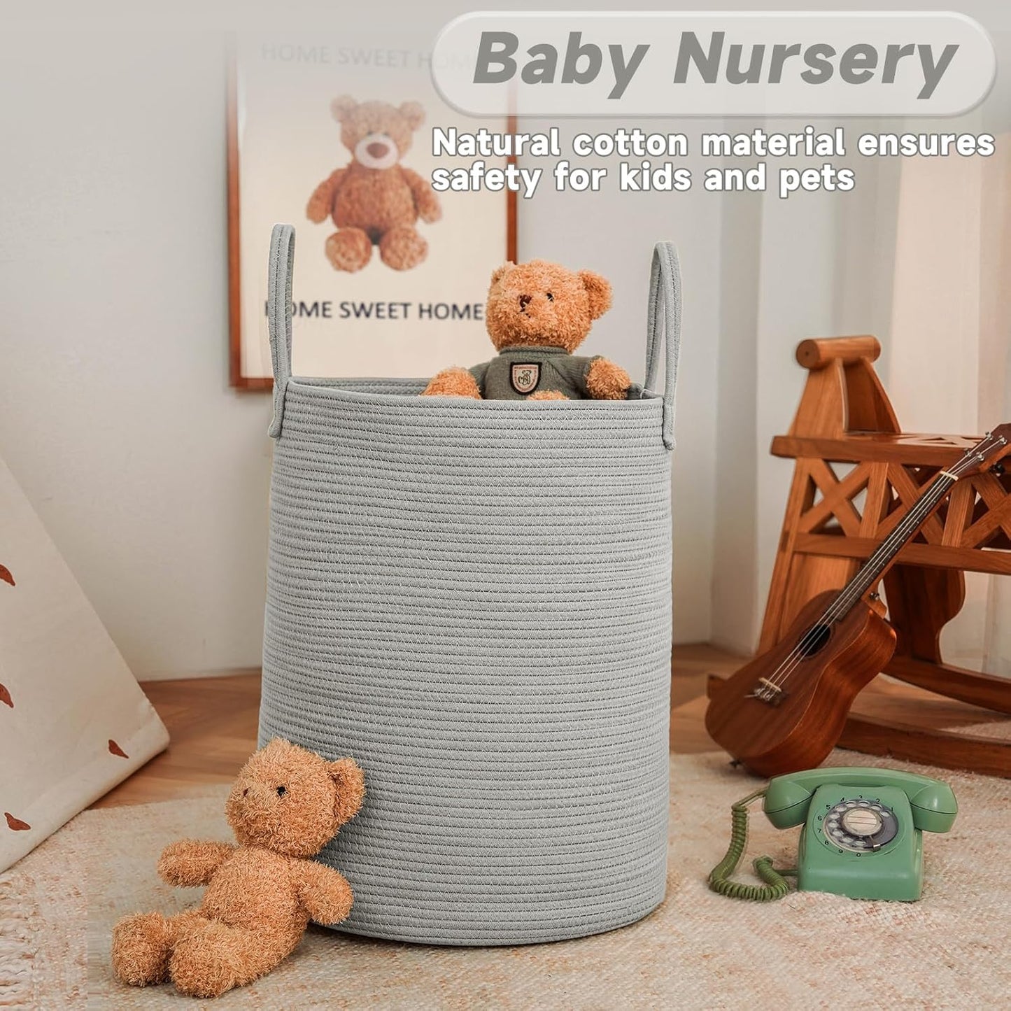 JMvicyroam Large Woven Laundry Basket Hamper,60L Cotton Rope Storage Bin for Blankets,Toys and Clothes,Decorative Tall Nursery Hamper for Living Room,Baby Nursery,Bathroom and Bedroom,Brown