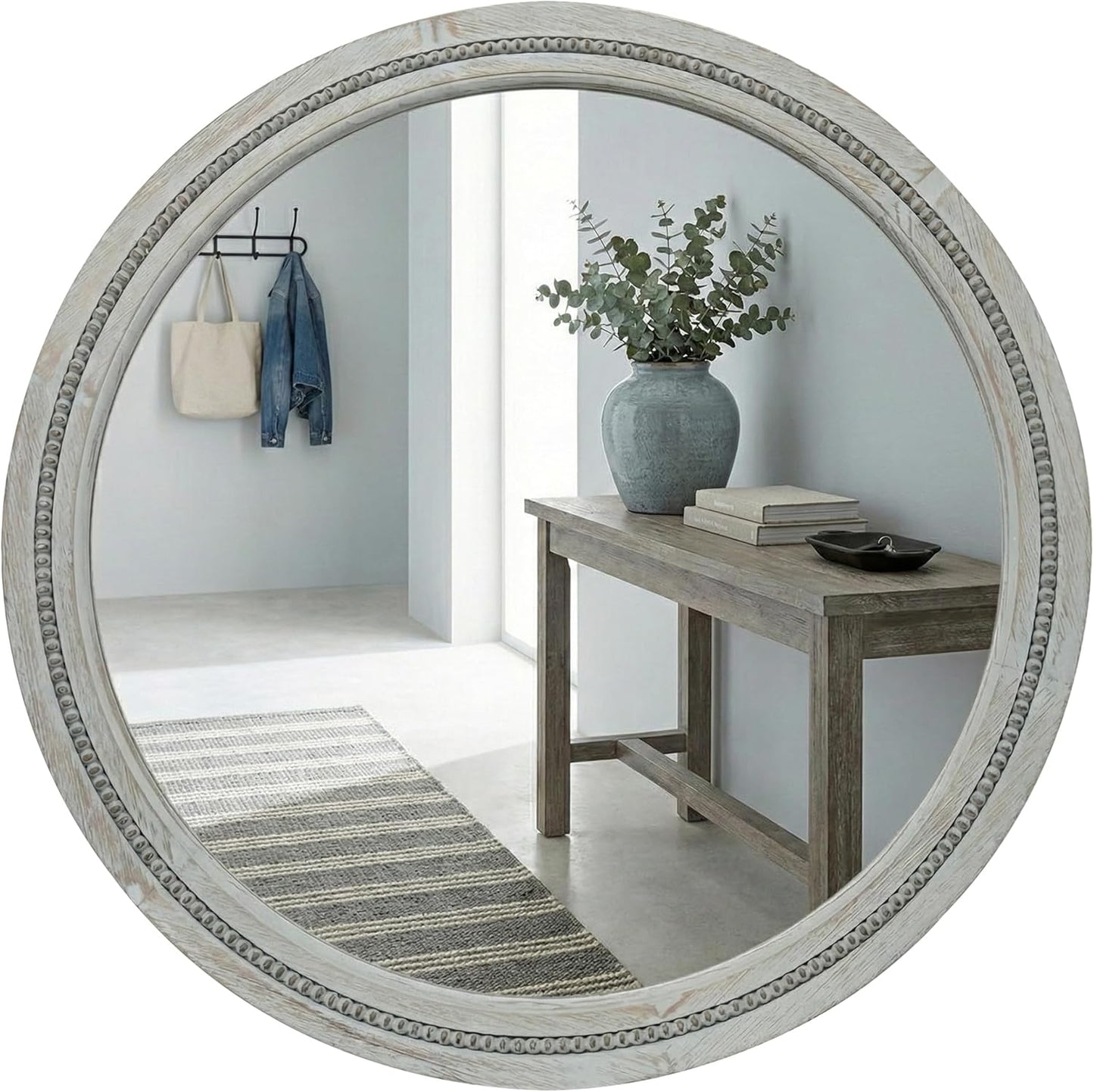 30" Round Solid Wood Mirror for Bathroom Vanity, Handcrafted Beaded Circle Wall Mirror - Natural Boho Farmhouse Decor for Entryway & Bedroom
