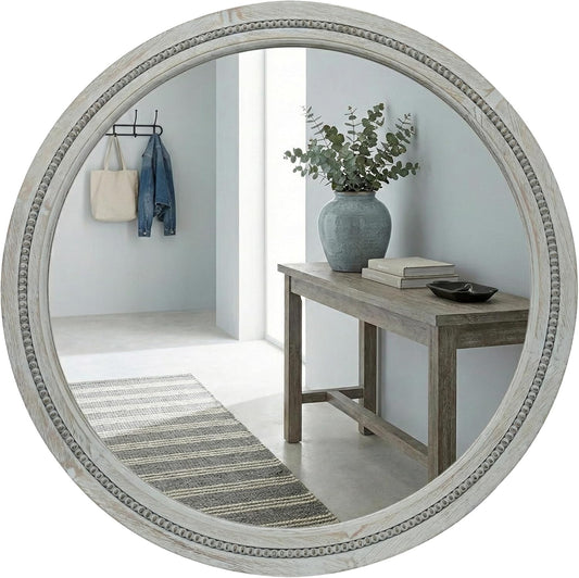 30" Round Solid Wood Mirror for Bathroom Vanity, Handcrafted Beaded Circle Wall Mirror - Natural Boho Farmhouse Decor for Entryway & Bedroom