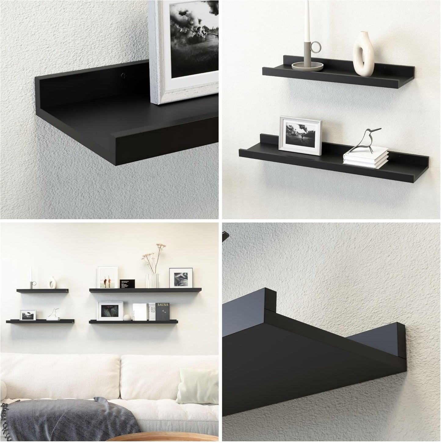 Boswillon Floating Shelves Wall Mounted Set of 2, Modern Black Wall Shelves for Storage with Lip, Display Picture Ledge Shelf for Wall Decor Bedroom Living Room Bathroom Kitchen