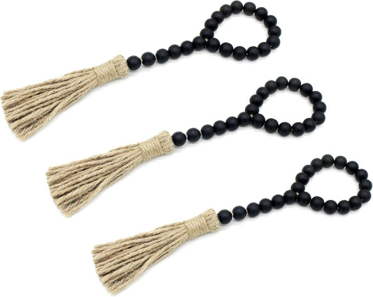 CVHOMEDECO. Wood Beads Garland with Tassels 3 PCS Farmhouse Rustic Wooden Prayer Bead String Wall Hanging Accent for Home Festival Decor. Natural