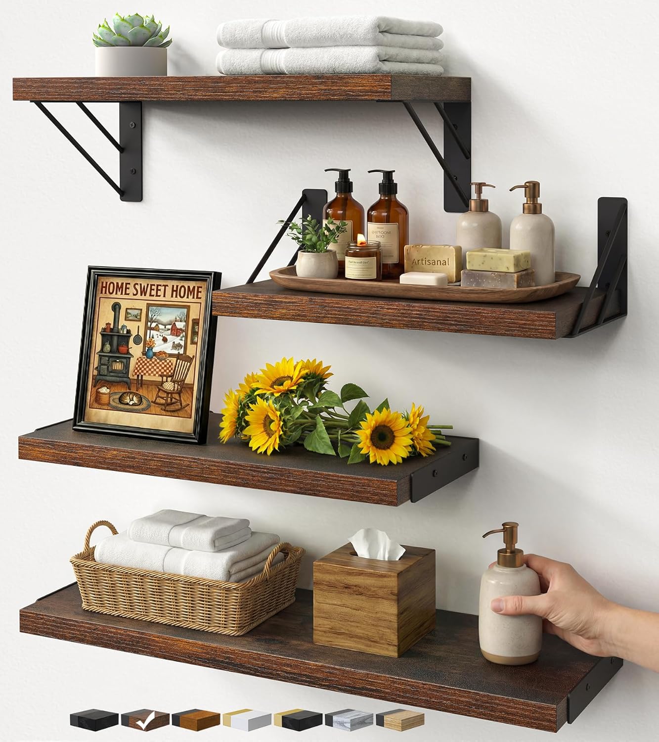 BAYKA Wall Mounted Floating Bathroom Shelves, Wood Wall Shelf for Bathroom Essentials & Decor, Space-Saving Display & Organizer (Black, Set of 4)