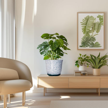 Ceramic Plant Pots - 12 Inch Pots for Plants Indoor Outdoor, Large Round Planter with Drainage Hole and Saucer, Modern Decorative Flower Pot, Home Garden Decor, House Warming Gifts, Blue