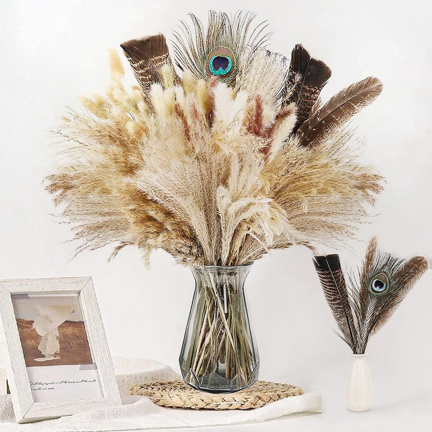 Bpole Dried Pampas Grass Bouquet - 92 Pcs 11-13 inch Pampas Grass Decor with Bunny Tails,Eucalyptus & Lavender Dried Boho Flowers for Vase Wedding Home Table Decor,Rustic Farmhouse Party