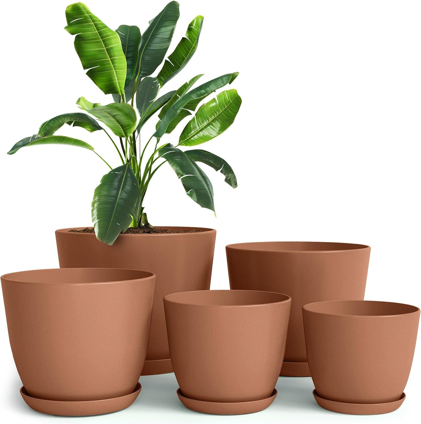 Utopia Home Plant Pots Indoor with Drainage Holes – Set of 5 White Plastic Flower Pots (7/6.6/6/5.3/4.8 Inch) – Modern Planters for Indoor Plants, Room & Office Décor, Great Stocking Stuffers