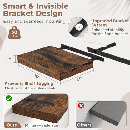 72 Inch Long Floating Shelves for Wall Set of 2, 12"D Wood Grain Bathroom Shelves with Invisible Brackets, Easy Install Engineered Wood Storage Shelves for Kitchen, Living Room, Bedroom, Black Finish