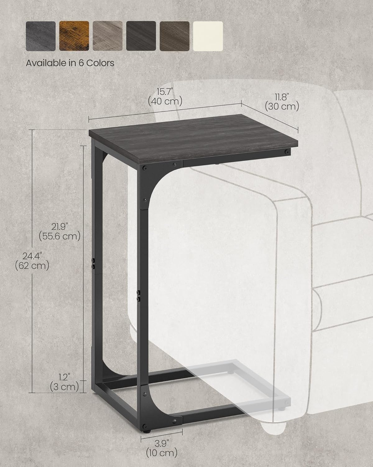 VASAGLE C-Shaped End Table, Small Side Table for Couch, Sofa Table with Metal Frame for Living Room, Bedroom, Bedside, Rustic Brown and Black