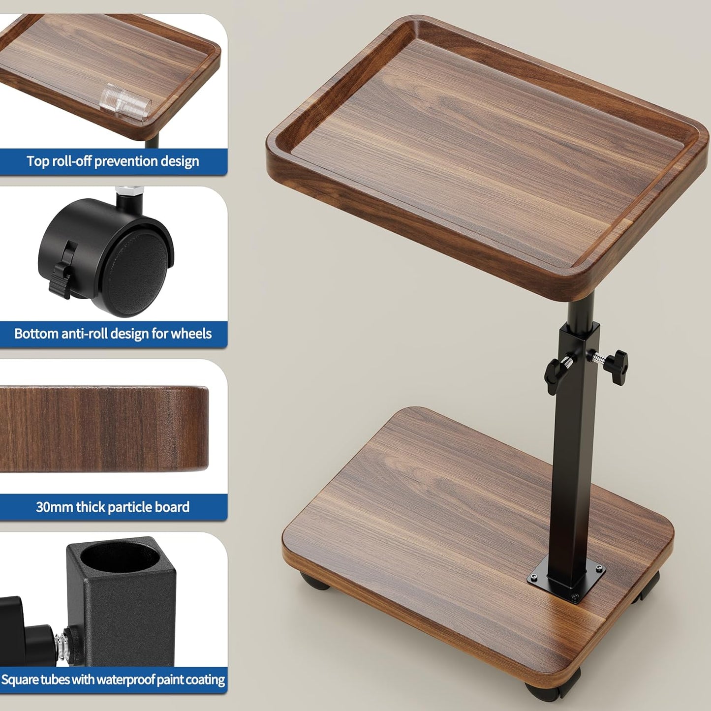 C Table End Table Adjustable Height, 360°Swivel TV Tray Table for Small Spaces, Side Tables with Wheels for Living Room and Bedroom, Bed (Walnut)