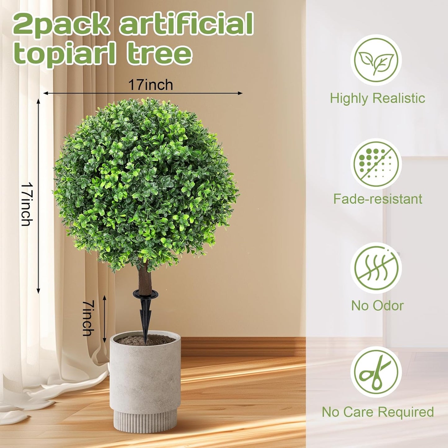 Artificial Red Eucalyptus Topiary Ball Tree 24" with Ground Spike, Set of 2 Artificial Boxwood Bushes for Faux Shrubs, Fake Evergreen Faux Plant for Indoor Outdoor Garden -UV Resistant–Fade-Proof
