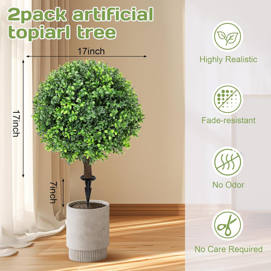 Artificial Red Eucalyptus Topiary Ball Tree 24" with Ground Spike, Set of 2 Artificial Boxwood Bushes for Faux Shrubs, Fake Evergreen Faux Plant for Indoor Outdoor Garden -UV Resistant–Fade-Proof