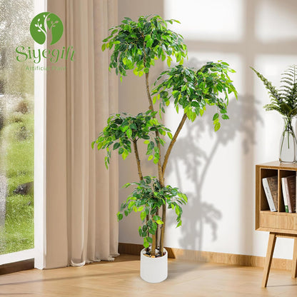 5FT Artificial Ficus Tree with White Planter and Pebbles,Faux Silk Tree with Lifelike Leaves and Realistic Trunk,Tall Fake Potted Plant for Home and Office Décor Indoor and Outdoor (5FT)