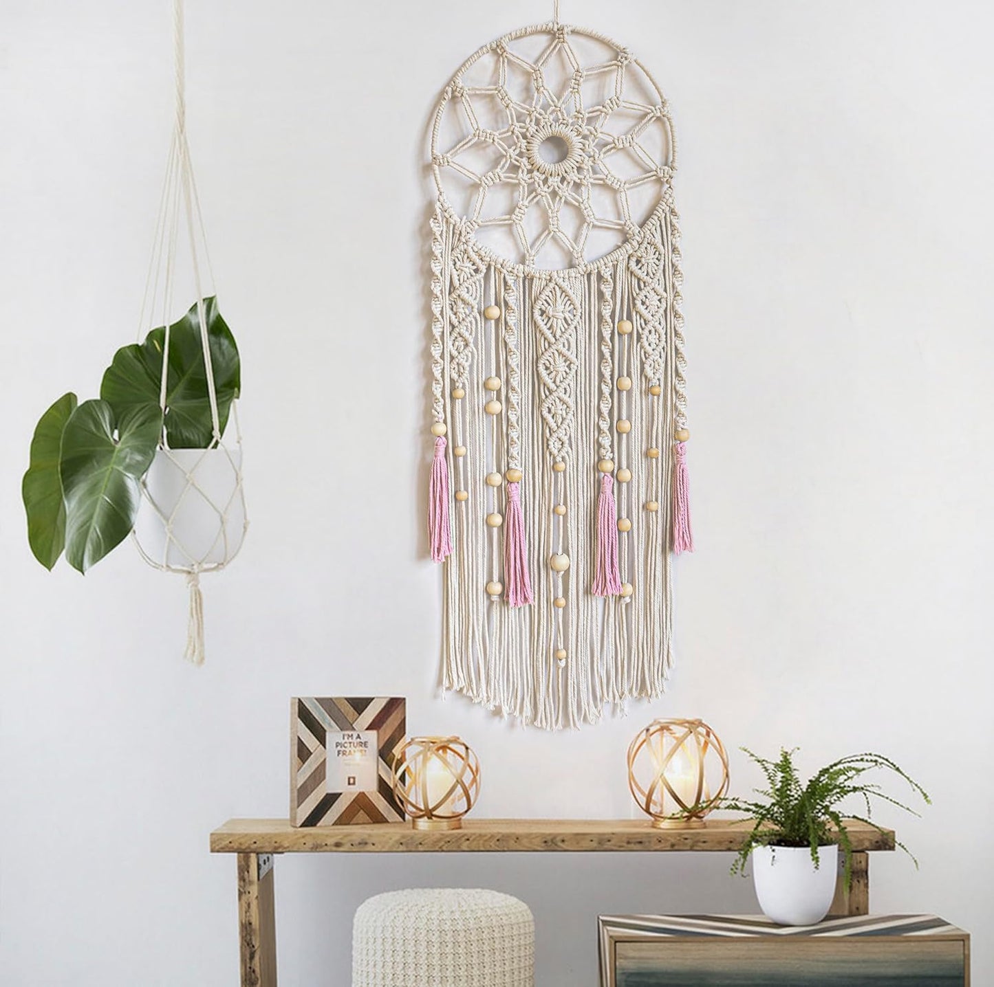 LB Boho Macrame Wall Hanging - Green and Beige Handmade Cotton Woven Decor, Modern Geometric Bohemian Tapestry Wall Decor for Bedroom Living Room Home (31.5"x9.84") Nature-Inspired Room Decor