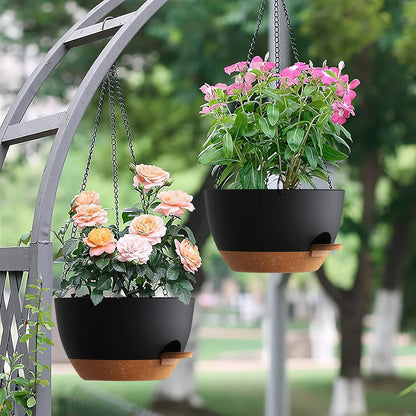 UOUZ Set of 3-10 Inch Self Watering Hanging Planters for Indoor Outdoor，Hanging Plant Pots with Drainage & Removable Tray, Hanging Pots Holder for Ivy, Pothos, Ferns, Balcony & Patio, Black with Brown