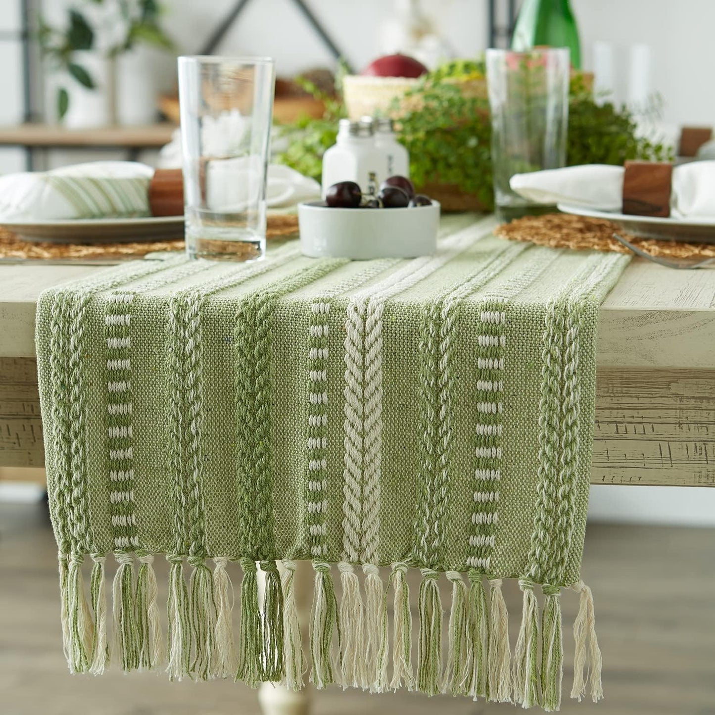 DII Farmhouse Braided Stripe Table Runner Collection, 15x72 (15x77, Fringe Included), Black