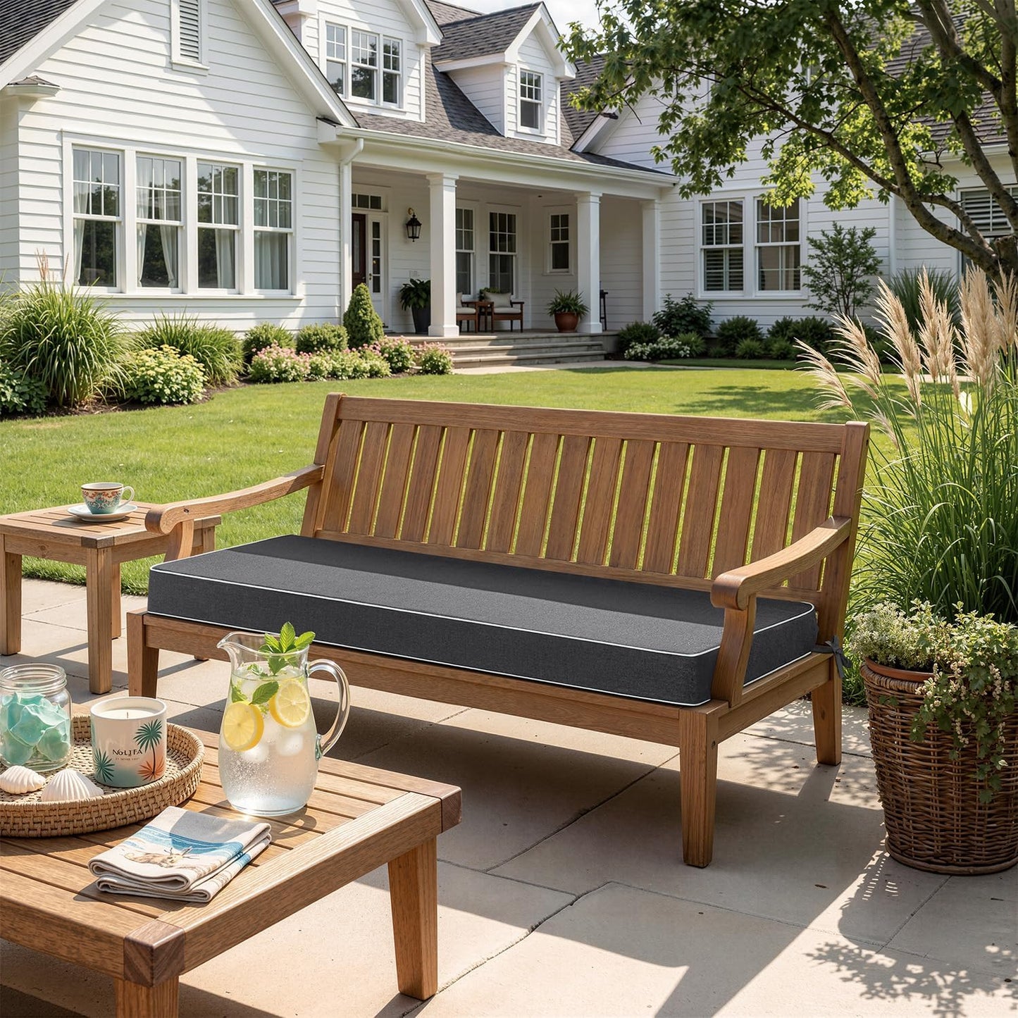 MIULEE Beige Outdoor Bench Cushion Set of 1, 48x18x3 Inch Waterproof Patio Seat Cushions for Swing and Outdoor Furniture Couch Sofa, 3 Year Color Fastness High Density Foam with Adjustable Ties