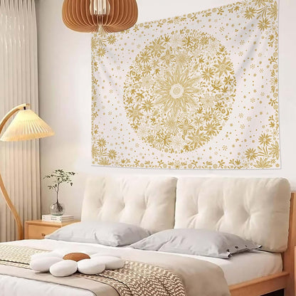 Neasow Bohemian Tapestry Wall Hanging, Beige White Floral Tapestry with Dotted Daisy Medallion Print Bedroom Boho Hippie Home Decor, 36×48 inches