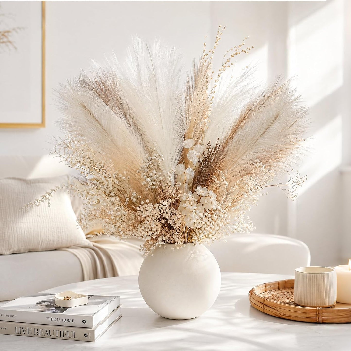 30pcs Pampas Grass Decor,21" Artificial Pompous Grass Bulk,Small Vase Filler Pompas Grass for Home Wedding Living Room Wall Party Decoration (Beige,Light Brown, 21 Inch 30 Pcs)