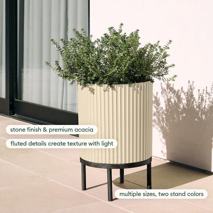 Veradek Demi Series Round Planter w/ Stand for Porch/Patio | Durable Plastic-Concrete & Wooden Stand | Modern Décor for Tall Plants, Flowers