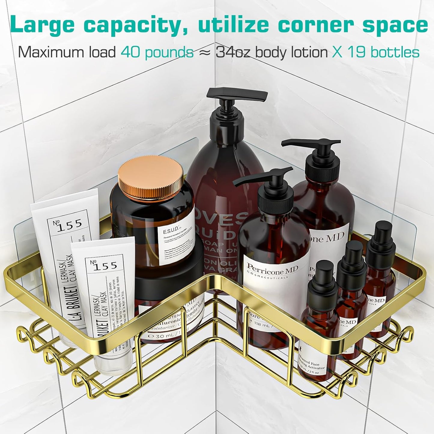 YASONIC Corner Adhesive Shower Caddy, with Soap Holder and 12 Hooks, Rustproof Stainless Steel Bathroom Organizer, No Drilling Wall Mounted Rack, Black, 3-Pack