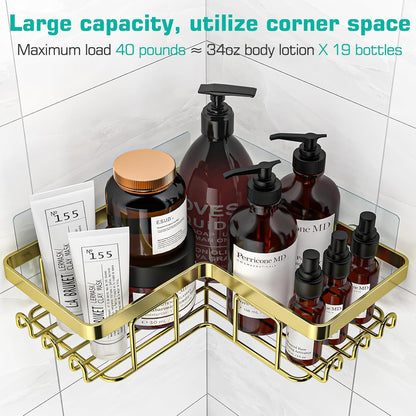 YASONIC Corner Adhesive Shower Caddy, with Soap Holder and 12 Hooks, Rustproof Stainless Steel Bathroom Organizer, No Drilling Wall Mounted Rack, Black, 3-Pack