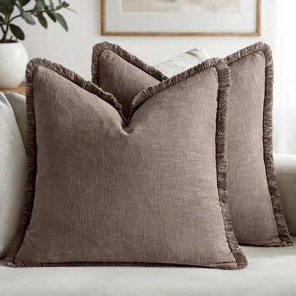 MIULEE Decorative Throw Pillow Covers Neutral Linen Fringe Throw Pillows Set of 2 Natural Beige Boho Farmhouse Cushion Covers with Tassels for Couch Sofa Bed Spring Home Decor 20x20 Inch