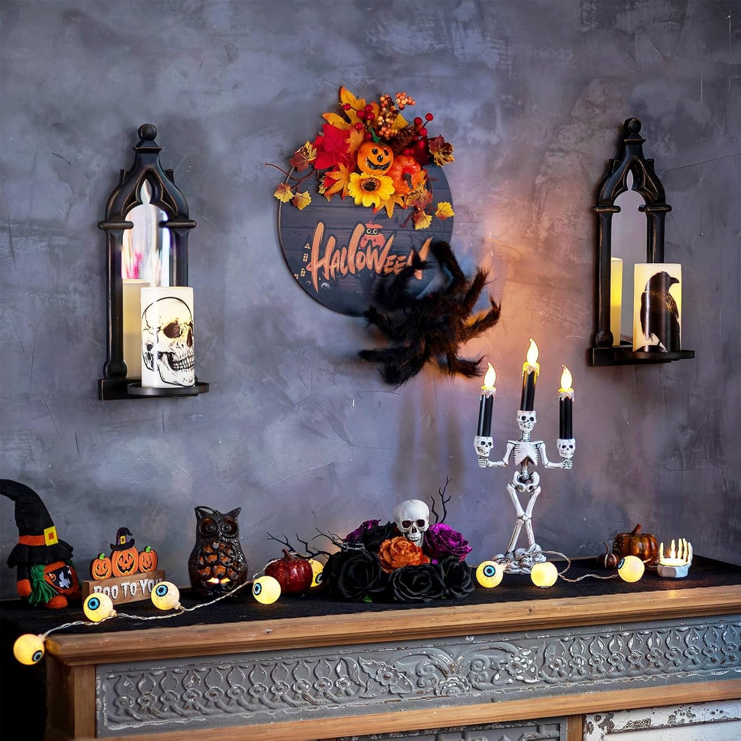 Candle Sconces Farmhouse Wall Decor - Black Gothic Dark Mirror Wall Candle Holder for Halloween Art Decorations - Wood Rustic Candles Sconce Set of 2 for Livingroom Fireplace