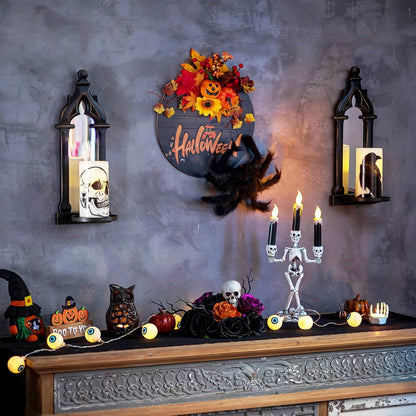 Candle Sconces Farmhouse Wall Decor - Black Gothic Dark Mirror Wall Candle Holder for Halloween Art Decorations - Wood Rustic Candles Sconce Set of 2 for Livingroom Fireplace