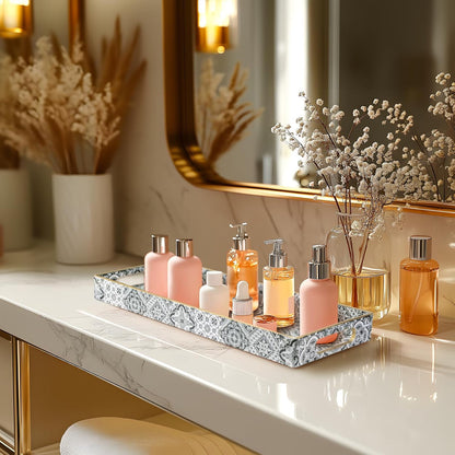 MAONAME White Decorative Tray, Plastic Serving Tray with Handles, Rectangular Moroccan Trays, Long Narrow Trays for Bathroom, Kitchen Counter, 13.8" X 6" X 1.57"