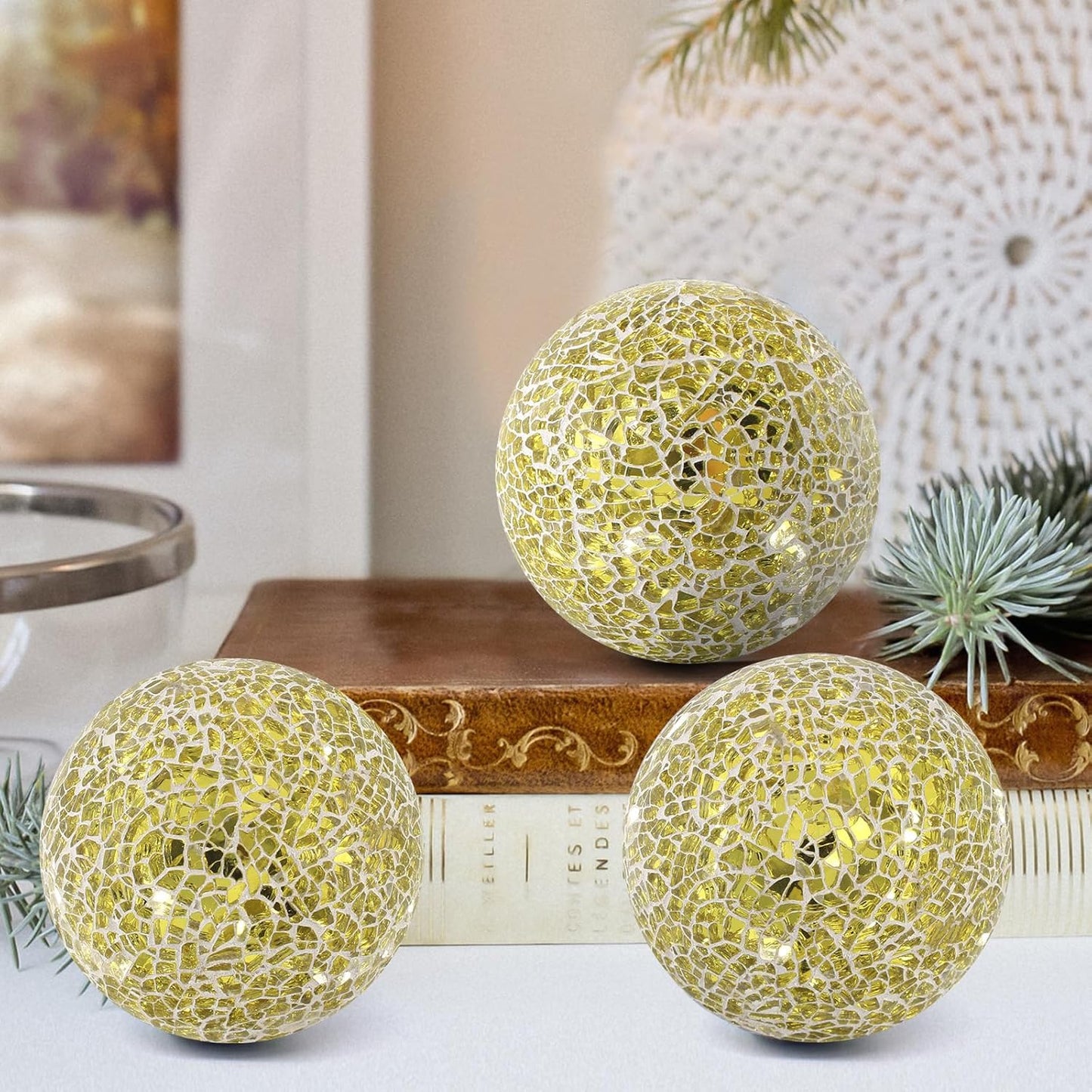 3Pcs Mosaic Glass Orbs Decorative Balls Set 8.5cm/3.35inch Blue Sphere Wedding Party Home Decor Table Centerpiece