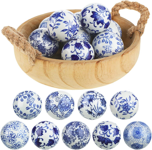 Vesici 9 Pcs Blue and White Porcelain Balls Decorative Chinoiserie Orbs for Centerpiece Bowls China Ceramic Balls Farmhouse Basket Tray Vases Decoration Gifts for Dining Table Holiday(Vintage Style)